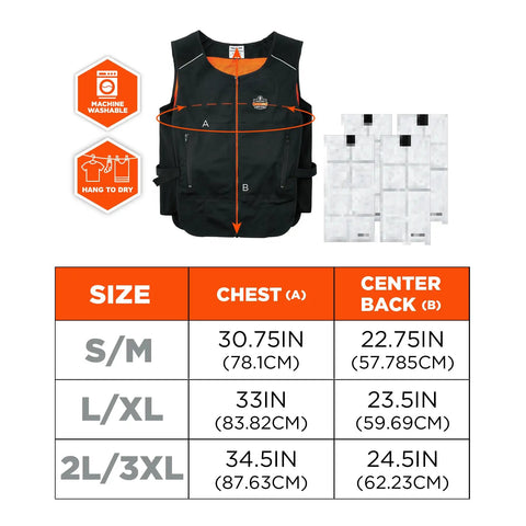Cooling Vest With Four Ice Packs, Ultra Lightweight, Fast Recharge Cooling, Black, Small Medium, size chart and features