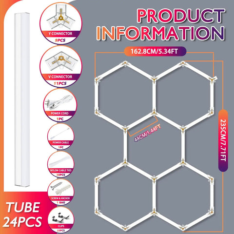 Hexagon LED Garage Light Fixture Pack 24 Count High Output 192W 23040LM 6500K Super Bright Grid System dimensions and components