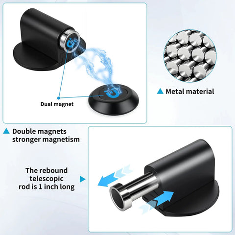 Heavy Duty Magnetic Door Stoppers Featuring Double Magnet Catch With Hardcore Hold To Keep Doors Shut Tight Easy Screw Or Peel Stick Install For Smooth Glide And Clutter Free Rooms Anytime, close-up view of dual magnets and metal material.