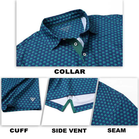 Mens Golf Polo Shirt Short Sleeve Dry Fit Moisture Wicking Performance Print With Breathable Four Way Stretch Collared Top details