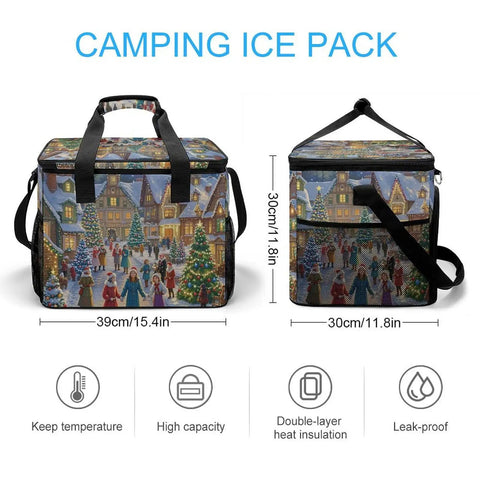 Insulated Picnic Backpack Tote Bag 30L Large Capacity Go To Cooler For Beach Camping And BBQ Keeps Food Fresh And Drinks Cold With Aluminum Foil Lining Waterproof Leakproof Portable Lunch Box Christmas Themed Town Style.