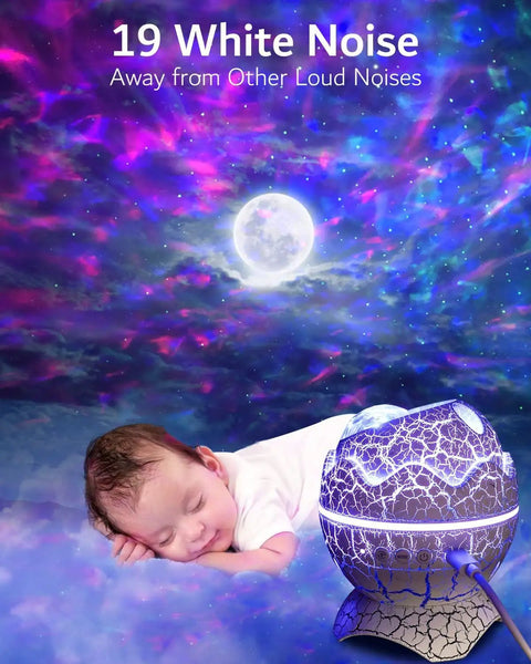 Baby sleeping with Dinosaur Eggs Galaxy Star Projector With Bluetooth Nebula LED Night Light creating starry sky effect