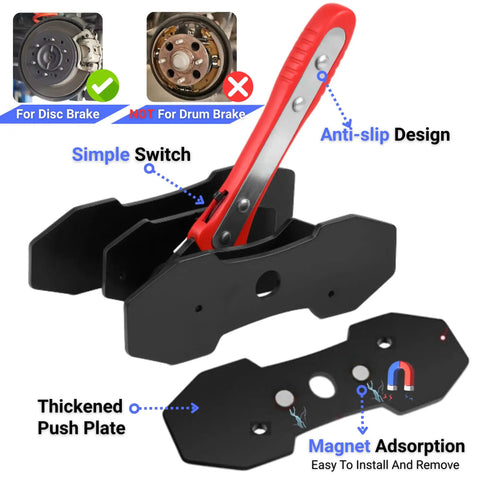 Brake Caliper Compression Tool With 360 Degree Rotating Ratchet For Piston Retraction And Two Steel Plates, Easy Brake Pad Replacement And Universal Fit For Disc Brakes Your Go To Car Brake Maintenance Kit shown with anti-slip design and magnetic steel plates.