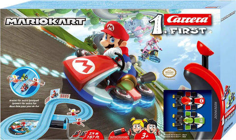 Box of Mario Kart Themed Slot Car Race Track With Spinner Action Includes Two Cars Mario And Yoshi Battery Powered Beginner Racing Set For Young Racers 3 And Up Realistic Electronically Regulated Speed For Safe Fun Race Time.