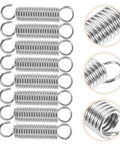 8 Piece Small Extension And Compression Springs With Hook Ends Made From Heavy Duty Stainless Steel For Electric Vehicle Supports And Ladder Feet Reliable Spring Kit That Handles Heavy Loads No Hassle, silver coil close-up