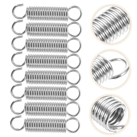 8 Piece Small Extension And Compression Springs With Hook Ends Made From Heavy Duty Stainless Steel For Electric Vehicle Supports And Ladder Feet Reliable Spring Kit That Handles Heavy Loads No Hassle, silver coil close-up