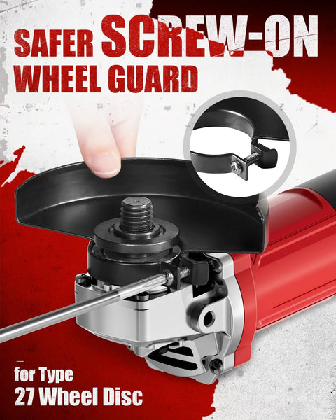 Front view of AVID POWER 4-1/2 inch angle grinder with red housing and wheel guard.