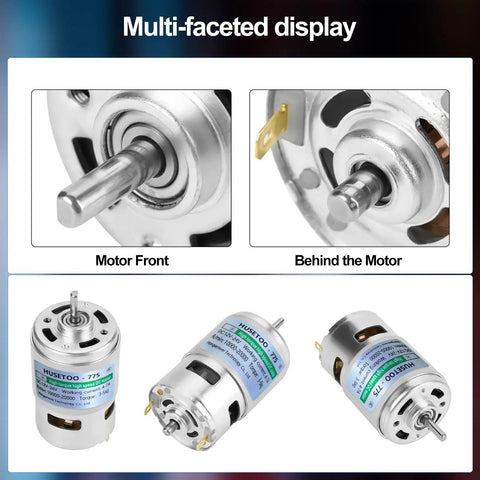Multi-faceted display of 12V 775 DC Motor With High Torque Up To 20,000 RPM Dual Ball Bearing Built In Cooling Fan, front and back view.