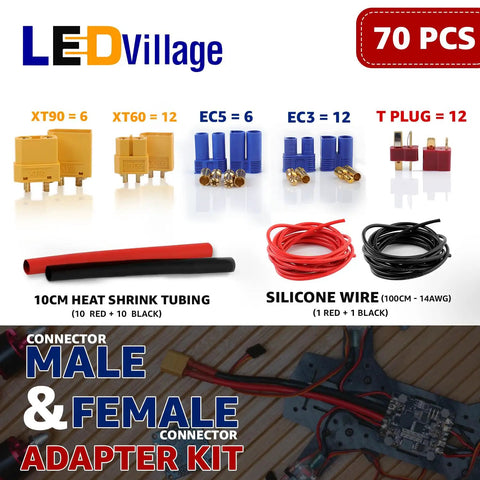 70-Piece RC Connector Kit With T Plug XT60 XT90 EC3 EC5 Male And Female Adapters, 14 AWG Silicone Wire And Heat Shrink Tubing Display