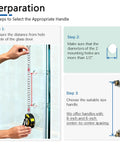 Instructions for selecting a shower handle; includes measuring from hole to hole, ensuring hole diameter, offers 8 Inch Brushed Nickel Square Shower Door Handle Back To Back Replacement For Frameless Glass Doors 304 Stainless Steel Pull Hardware Fits Glass 1/4 To 1/2 Inch Thick Hole Center To Hole Center 8 Inches Corrosion Resistant.