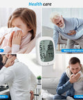 Digital thermometer hygrometer showing temperature and humidity, surrounded by images of people with various health conditions like cold, arthritis.