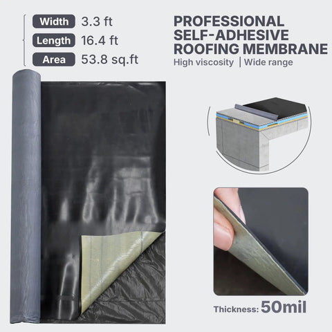 Heavy Duty Epdm Rubber Roofing Roll With Self Adhesive Backing For A Rock Solid Waterproof Seal Measuring 39 Inches By 16 Feet, showing 3.3ft wide, 16.4ft long membrane.