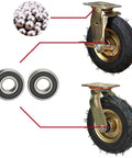Heavy Duty Pneumatic Casters With Hella Smooth Rubber Wheels And Swivel Lock Brakes Built Like A Tank For Industrial Toolboxes Featuring Double Ball Bearings Quick Install with detailed view of double ball bearings and caster wheel.