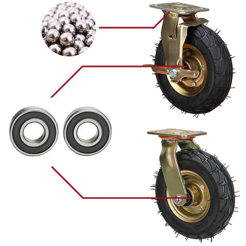 Heavy Duty Pneumatic Casters With Hella Smooth Rubber Wheels And Swivel Lock Brakes Built Like A Tank For Industrial Toolboxes Featuring Double Ball Bearings Quick Install with detailed view of double ball bearings and caster wheel.