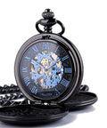 Mechanical Skeleton Pocket Watch With Roman Numerals, Double Case, Standable Table Display, Photo Slot, half-open case, black