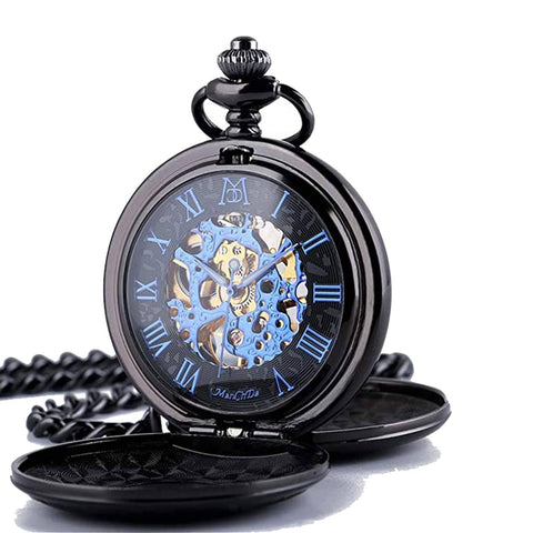Mechanical Skeleton Pocket Watch With Roman Numerals, Double Case, Standable Table Display, Photo Slot, half-open case, black