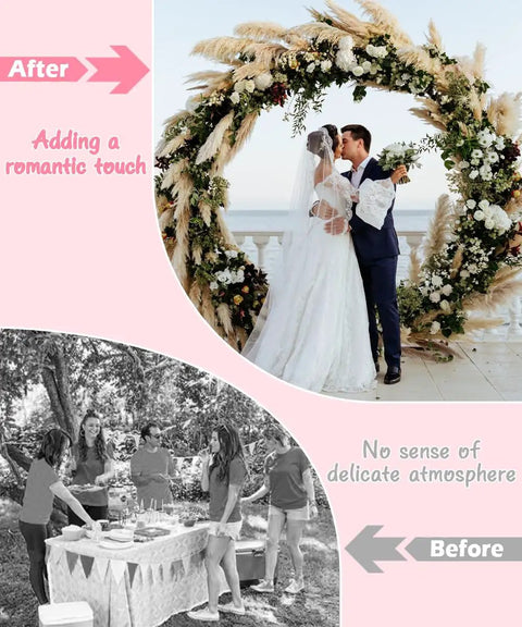 Couple kissing under Metal Arch Backdrop Stand 8 Ft Wide 7 Ft High for weddings adorned with flowers, romantic ceremony decor