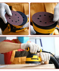 YNZDRWA 5-inch sanding discs set with hook-and-loop backing, 9 grits (40–800) for random orbital sander; shown in use.