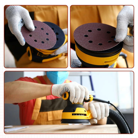 YNZDRWA 5-inch sanding discs set with hook-and-loop backing, 9 grits (40–800) for random orbital sander; shown in use.
