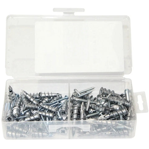 Self Drilling Drywall Anchors Kit With Screws 100 Piece Set All In One Two Size Pack includes zinc anchors and screws in box