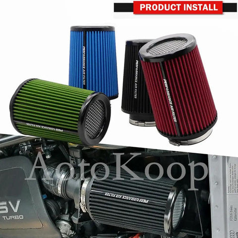 Snap This Slick 3 Inch Cone Air Filter Onto Your Rig Using A Rock Solid Clamp On Mount And Honeycomb Mesh Top Design For A Fully Washable Reusable Tapered Pod Filter Built Tough For Street Or Track In Blue showing multiple colors and installation.