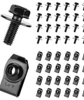50 Piece Automotive Body Bolts And U Nut Clamp Kit With Metal Bumper Fender U Nut Retainers For Hood Splash Shield Engine Cover And Vehicle Body Fastening Accessories For Most Cars displayed with 25 U-nuts and 25 screws on white background.