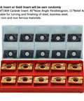 Front view of 20 APMT1604 carbide inserts in two plastic organizers (10 black in gray tray, 10 gold in red tray).