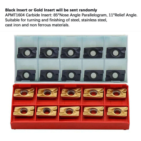 Front view of 20 APMT1604 carbide inserts in two plastic organizers (10 black in gray tray, 10 gold in red tray).