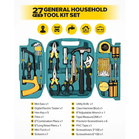 DIY Tool Kit Set With Storage Case For Home Garage And Office Grab And Go Hand Tools For Quick Fixes And Everyday Projects Fully Organized And Ready To Tackle Any Job, 27-piece set organized in green case