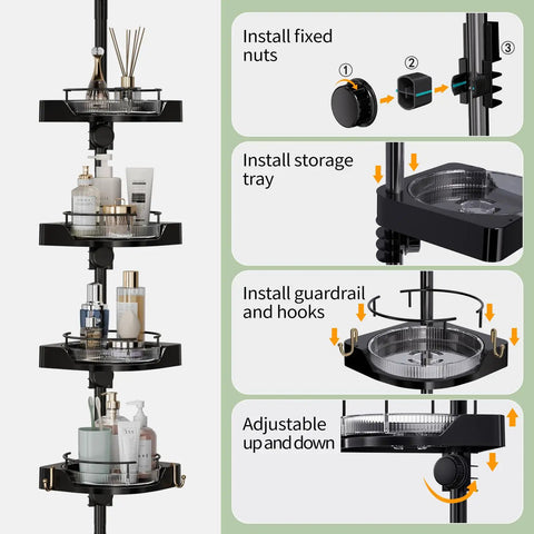 Step-by-step installation guide for No Sweat Setup 360 Degree Rotating Shower Caddy Tension Pole With Four Tier Rustproof Corner Shelf Adjustable No Drill Bathroom Organizer Rack.