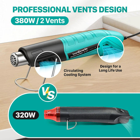 Mini Heat Gun 380W Fast Heating With Dual Temperature 480F To 850F Overheat Protection Reflector Nozzle 4.9Ft Cord Pro Grade for Shrink Wrap Vinyl Crafts, featuring ergonomic design and circulating cooling system.