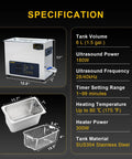 Heavy Duty Six Liter Ultrasonic Cleaner Featuring Built In Heater And Dual Frequency Sweep Tech, 6L stainless steel tank specifications.