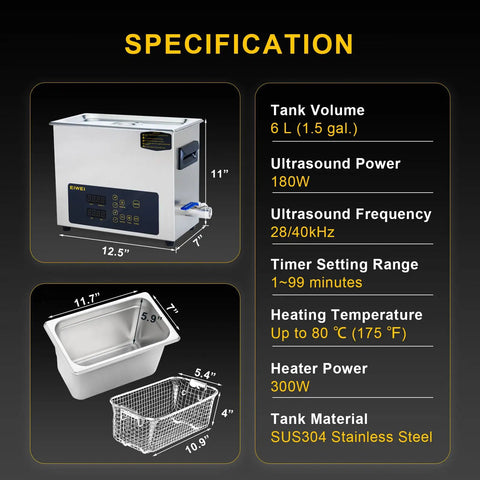 Heavy Duty Six Liter Ultrasonic Cleaner Featuring Built In Heater And Dual Frequency Sweep Tech, 6L stainless steel tank specifications.