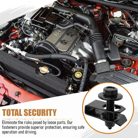 50 Pack M6 1.0 Body Bolts And U Nut Clip Kit For Splash Shields Durable Metal Fasteners For Car Splash Guards And Engine Protection With Rust Resistant Long Lasting Performance And Easy Installation. Black M6 1.0 body bolt and U nut clip on engine bay