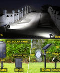 Comparison of solar powered outdoor spot lights illuminating bridge and garden with focus on larger solar panel design.