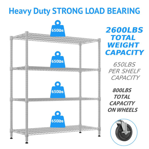 Heavy Duty Metal Shelving 4 Tier Storage Rack With Smooth Rolling Casters For Garage Or Kitchen Adjustable Chrome Wire Rack Total Storage Flex For Serious Home Organization Setup 24 By 48 By 72 Inches