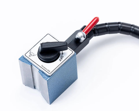 Heavy Duty Magnetic Base With Flexible Gooseneck Arm For Dial Indicators Test Indicators Bore Gauges And Machinist Tools 176 Pound Holding Force Fits Pro Grade Three Eighths Inch Stems And Dovetails Adjustable Stand, showing close-up detail of the magnetic base.