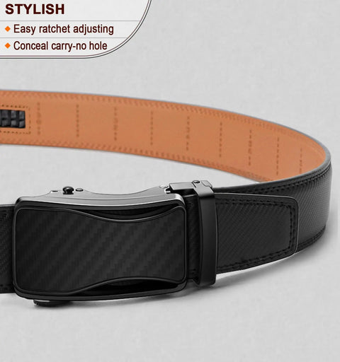 Mens Ratchet Belt Leather Adjustable Slide Belt For Dress Casual Wear 1.38 Inch Width With 32 Notches And Quarter Inch Micro Adjustments Cut To Fit Buckle From 32 To 38 Inch Waist Great Gift with black buckle and no holes visible