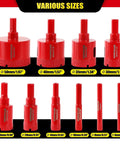 WORKEASE 11-piece red diamond hole saw kit for tile and glass; sizes 6–50 mm.