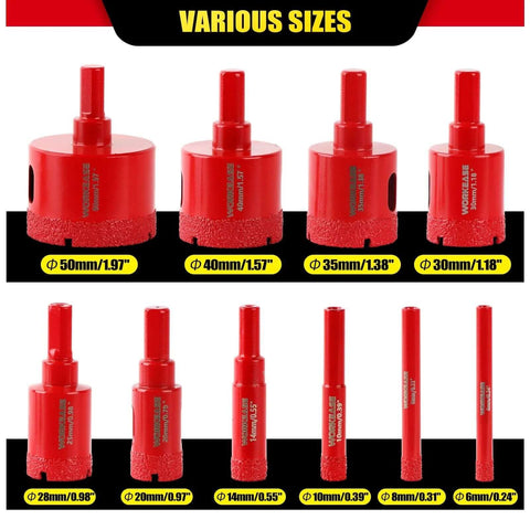 WORKEASE 11-piece red diamond hole saw kit for tile and glass; sizes 6–50 mm.