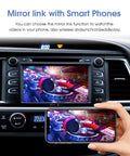 Toyota Wireless CarPlay Android Auto Adapter With Entune 2.0 Upgrade, OEM Screen Retrofit Kit For Corolla Tacoma Camry Avalon Prius Sienna, Wirelessly Connect Apple CarPlay Android Auto Mirror Link USB Drive shown with smartphone mirroring to car dashboard screen.