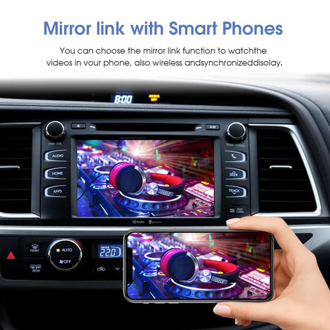Toyota Wireless CarPlay Android Auto Adapter With Entune 2.0 Upgrade, OEM Screen Retrofit Kit For Corolla Tacoma Camry Avalon Prius Sienna, Wirelessly Connect Apple CarPlay Android Auto Mirror Link USB Drive shown with smartphone mirroring to car dashboard screen.