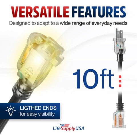 Heavy Duty 10ft Indoor Outdoor Extension Cord 10 Gauge 3 Conductor SJTW Waterproof 3 Prong Power Cable with lighted ends