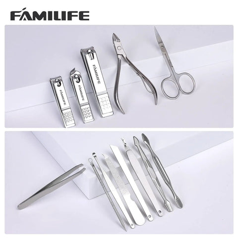 Manicure Set For Men 13-Piece Stainless Steel Nail Kit With Leather Travel Case Pedicure Tools Grooming Essentials displayed