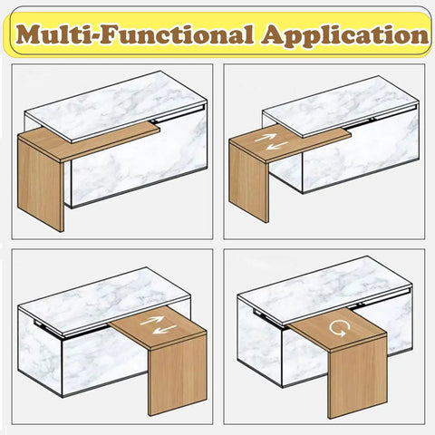 Multi-functional application of Smooth Operator 360 Degree Rotating Table Slide Track showing sliding wood extension on a marble table.