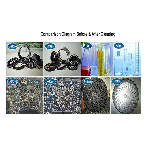 Comparison of clean and dirty parts before and after using Pro Grade Slick Wash Industrial Ultrasonic Cleaner With Smart Digital Timer Quick Heat Module And Rust Proof Stainless Basin For Effortless Auto Parts Degreasing And Hardcore Hardware Detailing Runs.