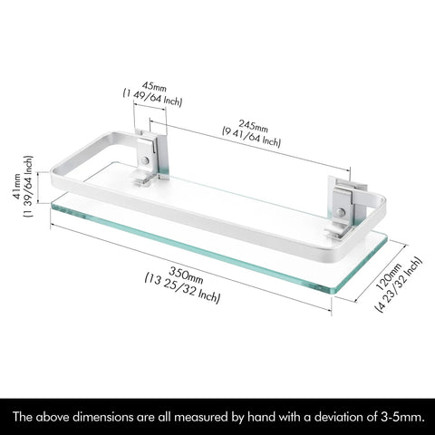 Diagram showing Floating Glass Shelves For Bathroom, 14 Inch Tempered Glass With Aluminum Brackets dimensions.
