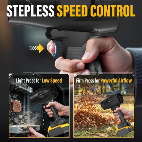 Cordless Leaf Blower With 20V Max Battery Compatibility showing stepless speed control for low and powerful airflow