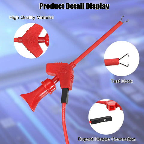 10 Piece Mini SMD IC Test Hook Clip Kit With Five Color Silicone Jumpers Wires For Logic Analyzers And Multimeters Electrical Testing Great For Cell Phone Repair And Tiny Electronics, showing red test hook clip and Dupont header connection.