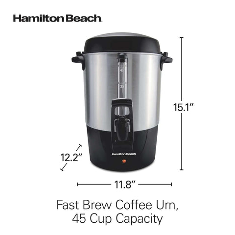 45 Cup Fast Brew Coffee Urn And Hot Beverage Dispenser Great For Large Crowds Keeps Coffee Hot And Ready Brews 15 To 45 Cups In About 28 Minutes Perfect For Offices Events And Big Gatherings, stainless steel and black design, front view.